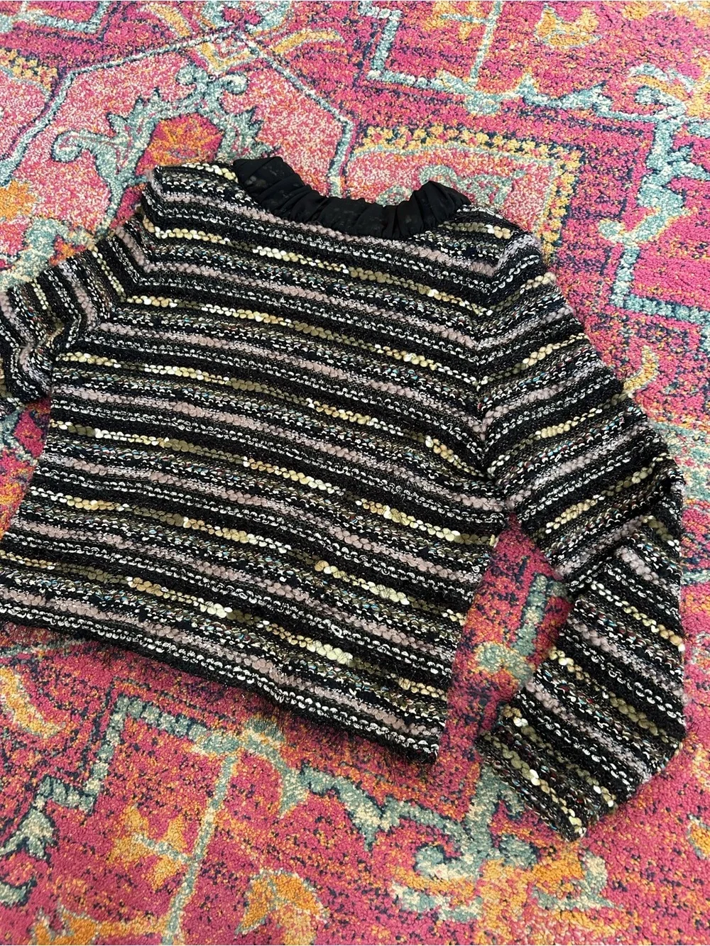 Misook | Women’s Black/Multi Knit Front Clasp Long Sleeve Collarless Blazer Sz S